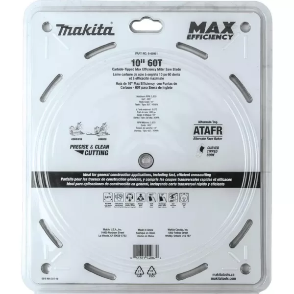 Makita 10 in. 60T Carbide-Tipped Max Efficiency Miter Saw Blade