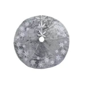 Manor Luxe 56 in. Snowflake Sequin Soft Plush Furry Round Christmas Tree Skirt in Grey