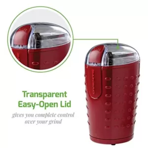 Ovente 2.5 oz. Maroon One-Touch Electric Coffee Grinder with Transparent Easy Open Lid and Stainless Steel Blades