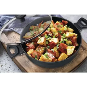 MasterPan Modern Series 5 qt. Cast Aluminum Nonstick Saute Pan in Black with Glass Lid