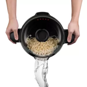 MasterPan Innovative Series 5 qt. Cast Aluminum Non-Stick Stock N Pasta Pot in Black with Easy Pour Strainer and Glass Lid