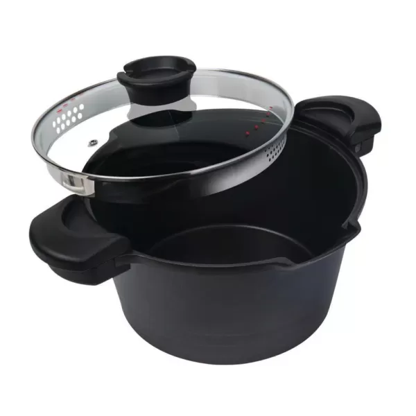 MasterPan Innovative Series 5 qt. Cast Aluminum Non-Stick Stock N Pasta Pot in Black with Easy Pour Strainer and Glass Lid