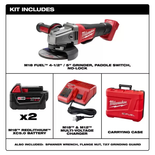 Milwaukee M18 FUEL 18-Volt Lithium-Ion Brushless Cordless 4-1/2 in. /5 in. Grinder with Paddle Switch Kit w/(2) 5.0 Ah Batteries