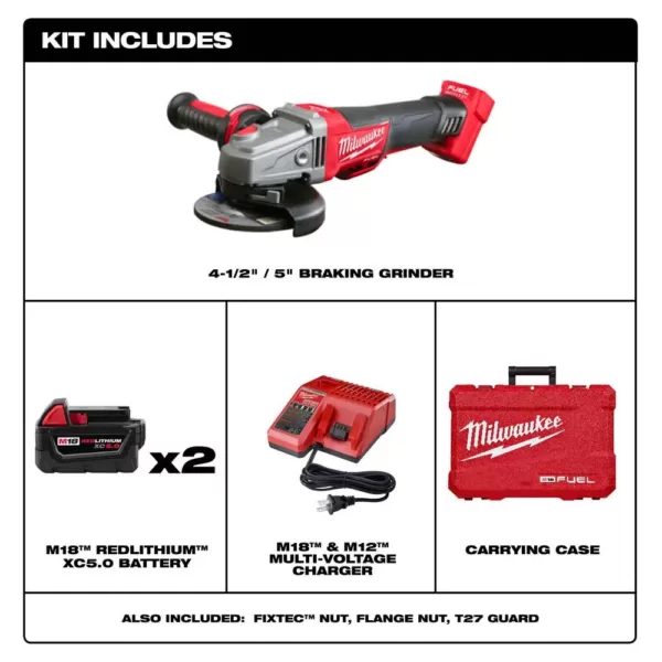 Milwaukee M18 FUEL 18- -Volt Lithium-Ion Brushless Cordless 4-1/2 in. /5 in. Braking Grinder Kit w/Two 5.0Ah Batteries & Hard Case