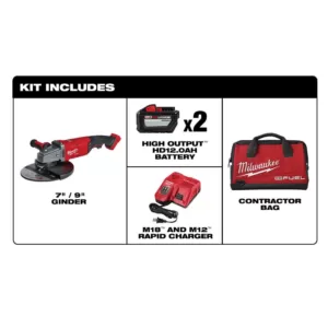 Milwaukee M18 FUEL 18-Volt Lithium-Ion Brushless Cordless 7/9 in. Grinder Kit W/ (2) 12.0Ah Batteries, Bag & Rapid Charger