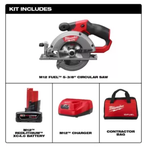 Milwaukee M12 FUEL 12-Volt Lithium-Ion Brushless Cordless 5-3/8 in. Circular Saw Kit with (1) 4.0Ah Battery, Charger, Tool Bag