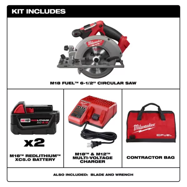 Milwaukee M18 FUEL 18-Volt Lithium-Ion Brushless Cordless 6-1/2 in. Circular Saw Kit w/ (2) 5.0Ah Batteries, Charger, Tool Bag