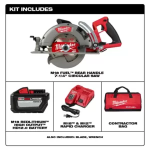 Milwaukee M18 FUEL 18-Volt 7-1/4 in. Lithium-Ion Cordless Rear Handle Circular Saw Kit with 12.0 Ah Battery and Rapid Charger