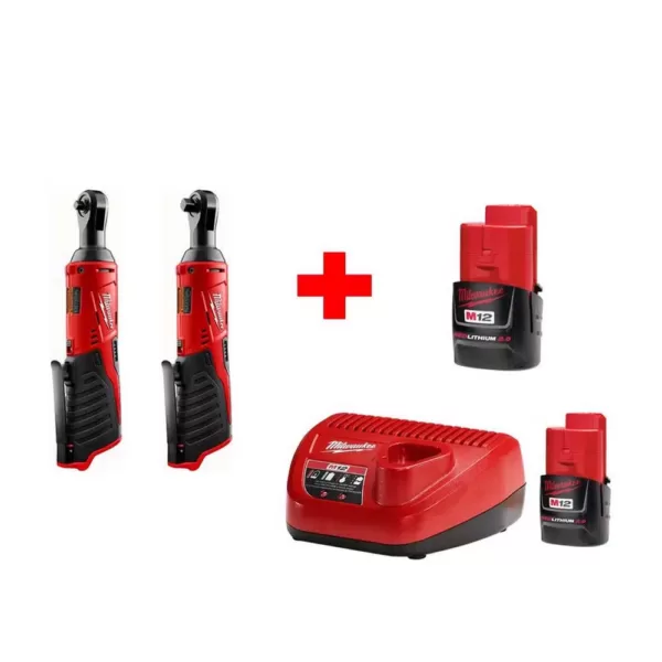 Milwaukee M12 12-Volt Lithium-Ion Cordless 1/4 in. Ratchet and 3/8 in. Ratchet Combo Kit (2-Tool) W/ (2) 2.0Ah Batteries