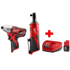 Milwaukee M12 12-Volt Lithium-Ion Cordless 3/8 in. Ratchet and 1/4 in. Impact Driver Combo Kit with (1) 2.0Ah Battery and Charger