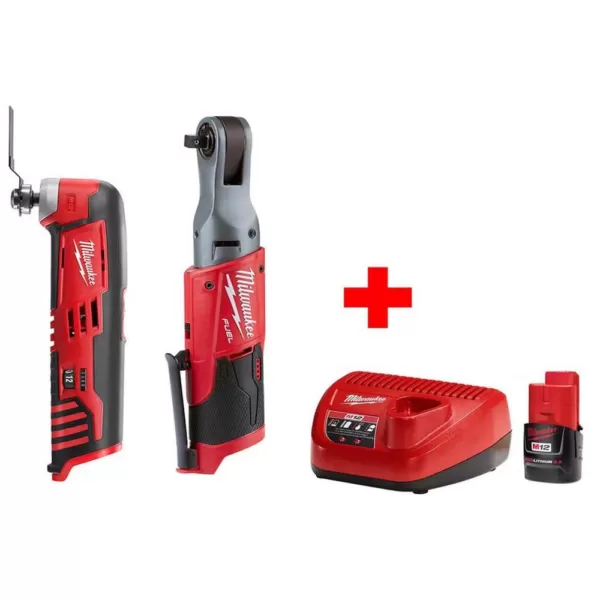 Milwaukee M12 FUEL 12-Volt Lithium-Ion Brushless Cordless 3/8 in. Ratchet Multi-Tool Combo Kit with (1) 2.0Ah Battery and Charger