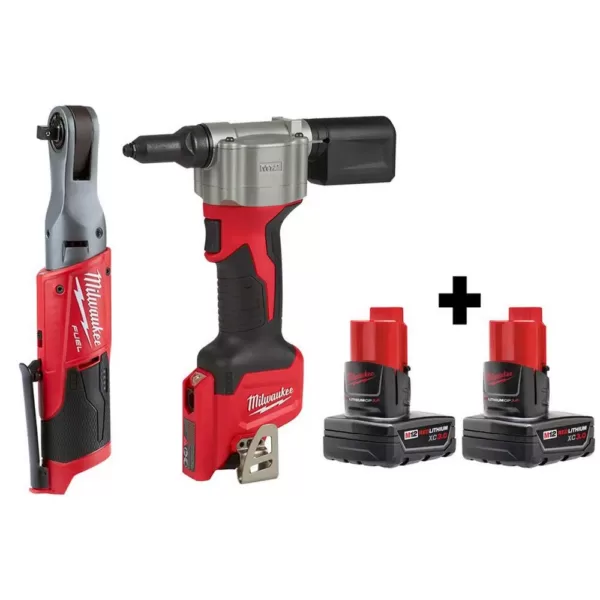 Milwaukee M12 FUEL 12-Volt Lithium-Ion Brushless Cordless 3/8 in. Ratchet and Rivet Tool with two 3.0 Ah Batteries