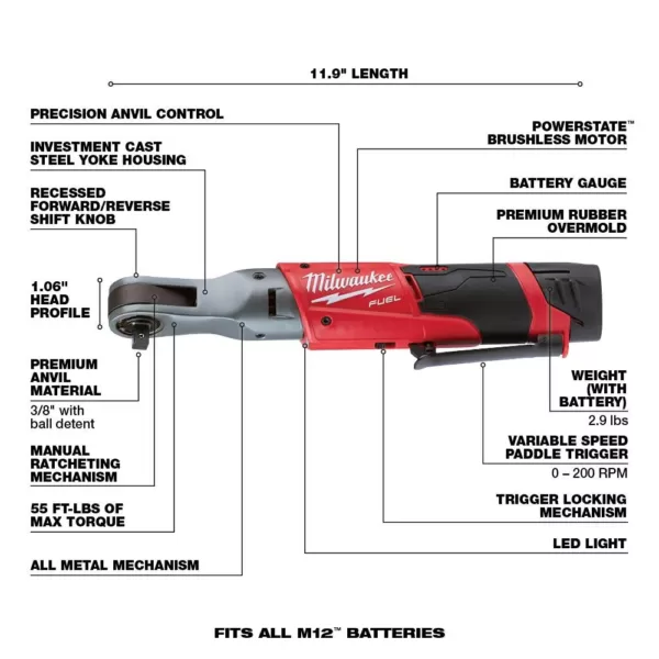 Milwaukee M12 FUEL 12-Volt Lithium-Ion Brushless Cordless 3/8 in. Ratchet & 1/4 in. Impact Combo with (1) 2.0Ah Battery & Charger