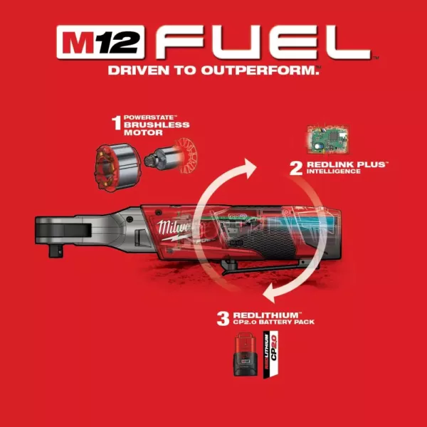 Milwaukee M12 FUEL 12-Volt Lithium-Ion Brushless Cordless 3/8 in. Ratchet Kit with (2) 2.0Ah Batteries, Charger & Tool Bag