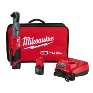 Milwaukee M12 FUEL 12-Volt Lithium-Ion Brushless Cordless 1/2 in. Ratchet Kit W/ (2) 2.0Ah Batteries, Charger & Tool Bag