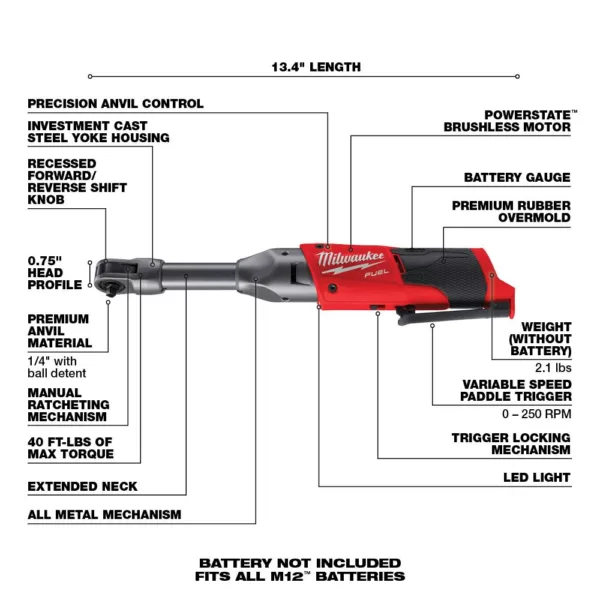 Milwaukee M12 FUEL 12-Volt Lithium-Ion Brushless Cordless 1/4 in. Extended Reach Ratchet (Tool-Only)