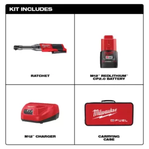 Milwaukee M12 FUEL 12-Volt Lithium-Ion Brushless Cordless 1/4 in. Extended Reach Ratchet Kit with One 2.0 Ah Batteries