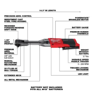 Milwaukee M12 FUEL 12-Volt 3/8 in. Lithium-Ion Brushless Cordless Extended Reach Ratchet (Tool-Only)