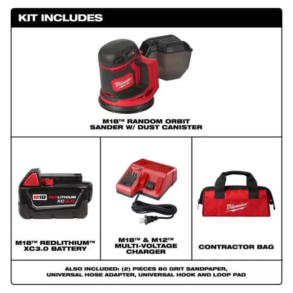 Milwaukee M18 18-Volt Lithium-Ion 5 in. Cordless Random Orbit Sander Kit with (1) 3.0Ah Battery, Charger and Tool Bag