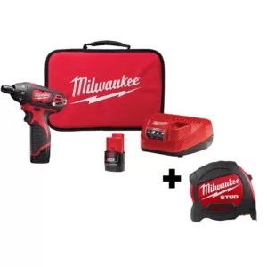 Milwaukee M12 12-Volt Lithium-Ion Cordless 1/4 in. Hex Screwdriver Kit w/Two 1.5Ah Batteries and 25 ft. STUD Tape Measure