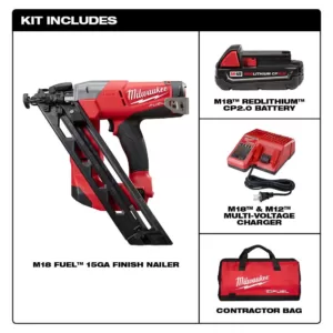 Milwaukee M18 FUEL 18-Volt Lithium-Ion Brushless Cordless 15-Gauge Angled Finish Nailer Kit W/ (1) 2.0Ah Battery, Charger & Bag