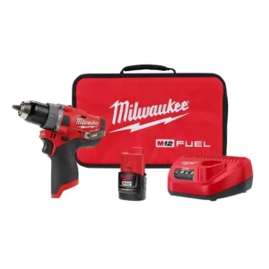 Milwaukee M12 FUEL 12-Volt Lithium-Ion Brushless Cordless 1/2 in. Hammer Drill Kit with 2.0 Ah Battery and Bag