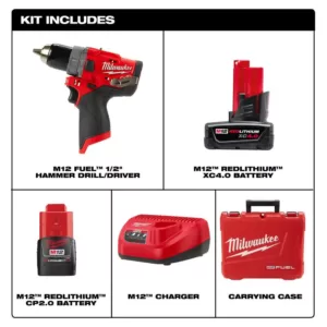 Milwaukee M12 FUEL 12-Volt Lithium-Ion Brushless Cordless 1/2 in. Hammer Drill Kit with 4.0 Ah and 2.0 Ah Battery and Hard Case