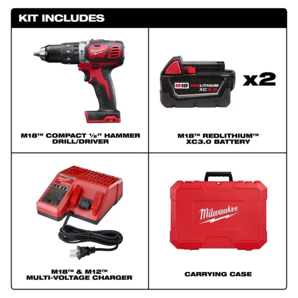 Milwaukee M18 18-Volt Lithium-Ion Cordless 1/2 in. Hammer Drill Driver Kit w/(2) 3.0Ah Batteries, Charger & Hard Case