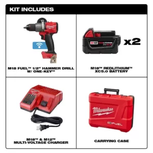 Milwaukee M18 FUEL ONE-KEY 18-Volt Lithium-Ion Brushless Cordless 1/2 in. Hammer Drill/Driver Kit with Two 5.0 Ah Batteries