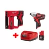 Milwaukee M12 12-Volt Lithium-Ion Cordless 1/4 in. Hex Impact and 3/8 in. Crown Stapler Combo Kit W/ (1) 2.0Ah Battery and Charger