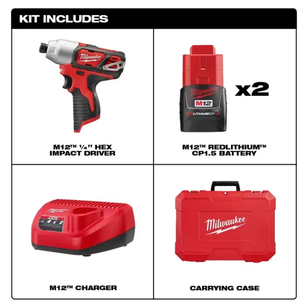 Milwaukee M12 12-Volt Lithium-Ion Cordless 1/4 in. Impact Driver Kit W/(2) 1.5Ah Batteries, Charger & Case