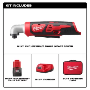 Milwaukee M12 12-Volt Lithium-Ion Cordless 1/4 in. Right Angle Hex Impact Driver Kit W/(1) 1.5Ah Batteries, Charger & Case