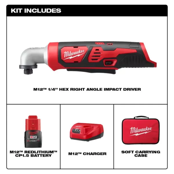 Milwaukee M12 12-Volt Lithium-Ion Cordless 1/4 in. Right Angle Hex Impact Driver Kit W/(1) 1.5Ah Batteries, Charger & Case