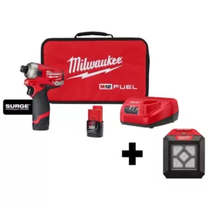 Milwaukee M12 FUEL SURGE 12-Volt Lithium-Ion Brushless Cordless 1/4 in. Hex Impact Driver Compact Kit with  M12 Flood Light