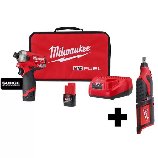 Milwaukee M12 FUEL SURGE 12-Volt Lithium-Ion Brushless Cordless 1/4 in. Hex Impact Driver Compact Kit with Free M12 Rotary Tool