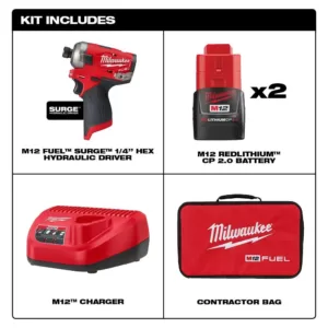 Milwaukee M12 FUEL SURGE 12-Volt Lithium-Ion Brushless Cordless 1/4 in. Hex Impact Driver Compact Kit w/Two 2.0Ah Batteries, Bag