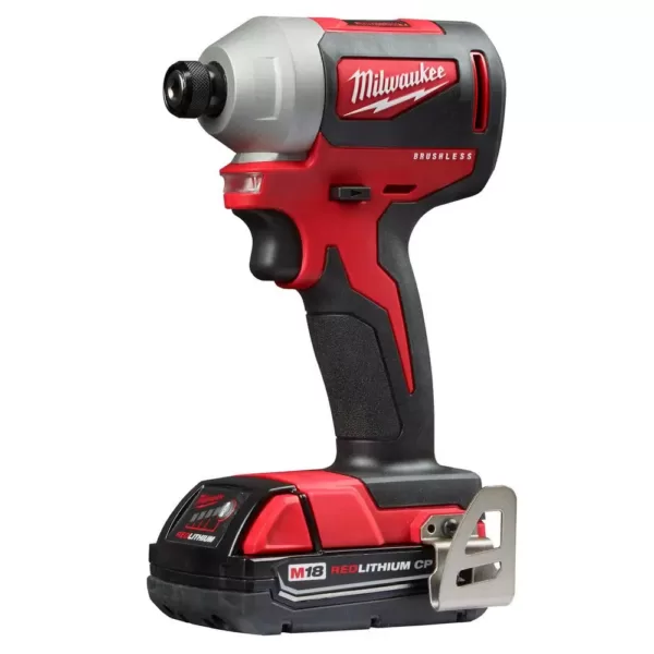 Milwaukee M18 18-Volt Lithium-Ion Compact Brushless Cordless 1/4 in. Impact Driver Kit W/ (1) 2.0 Ah Battery, Charger & Tool Bag