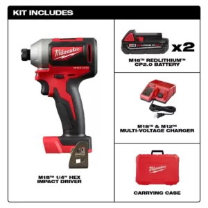 Milwaukee M18 18-Volt Lithium-Ion Brushless Cordless 1/4 in. Impact Driver Kit with Two 2.0 Ah Batteries, Charger and Hard Case