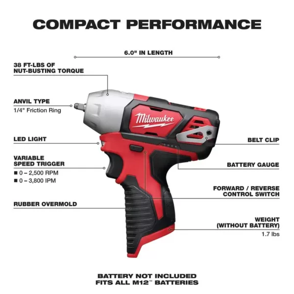 Milwaukee M12 12-Volt Lithium-Ion Cordless 1/4 in. Impact Wrench (Tool-Only)