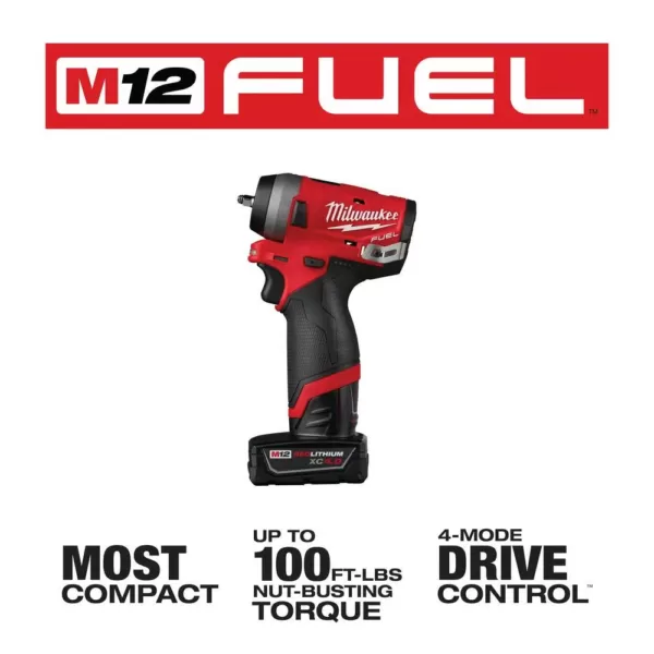 Milwaukee M12 FUEL 12-Volt Lithium-Ion Brushless Cordless Stubby 1/4 in. Impact Wrench Kit with One 4.0 and One 2.0Ah Batteries