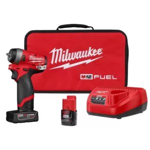 Milwaukee M12 FUEL 12-Volt Lithium-Ion Brushless Cordless Stubby 1/4 in. Impact Wrench Kit with One 4.0 and One 2.0Ah Batteries