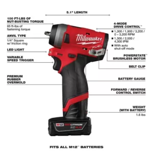 Milwaukee M12 FUEL 12-Volt Lithium-Ion Brushless Cordless Stubby 1/4 in. Impact Wrench Kit with One 4.0 and One 2.0Ah Batteries