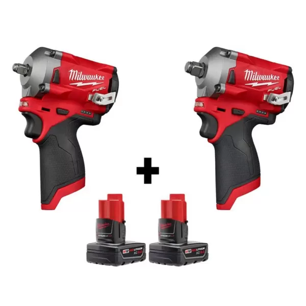 Milwaukee M12 FUEL 12-Volt Lithium-Ion Brushless Cordless Stubby 3/8 in. and 1/2 in. Impact Wrenches with two 3.0 Ah Batteries