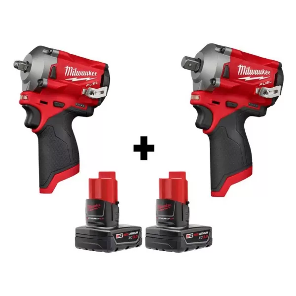 Milwaukee M12 FUEL 12-Volt Lithium-Ion Brushless Cordless Stubby 3/8 in. and 1/2 in. Impact Wrenches with two 3.0 Ah Batteries