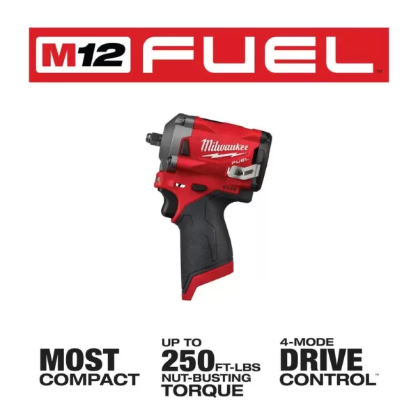 Milwaukee M12 FUEL 12-Volt Lithium-Ion Brushless Cordless Stubby 3/8 in. Impact Wrench & 3/8 in. Ratchet with two 3.0 Ah Batteries