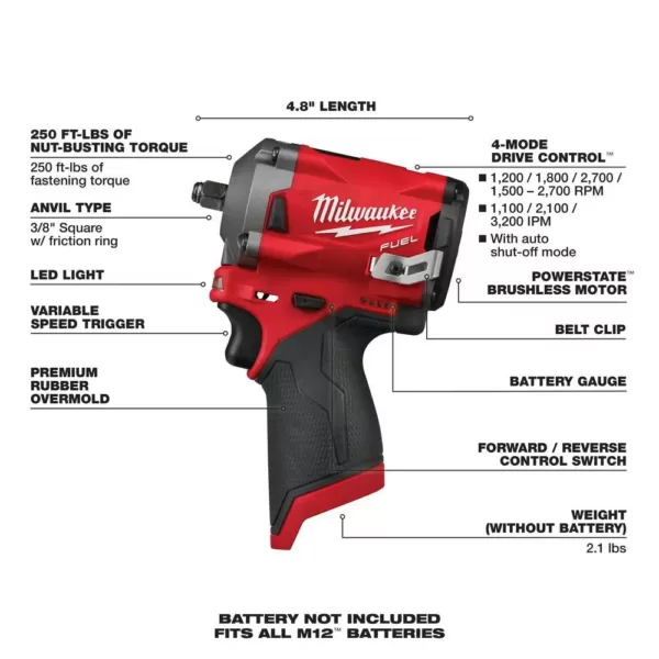 Milwaukee M12 FUEL 12-Volt Lithium-Ion Brushless Cordless Stubby 3/8 in. Impact Wrench & 3/8 in. Ratchet with two 3.0 Ah Batteries