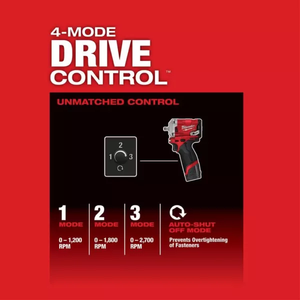 Milwaukee M12 FUEL 12-Volt Lithium-Ion Brushless Cordless Stubby 3/8 in. Impact Wrench Kit with One 4.0 and One 2.0Ah Batteries