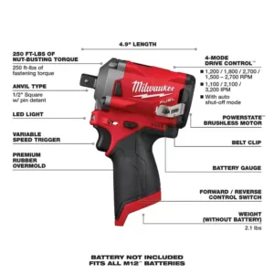 Milwaukee M12 FUEL 12-Volt Lithium-Ion Brushless Cordless Stubby 1/2 in. Impact Wrench with Pin Detent (Tool-Only)