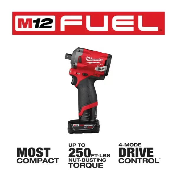 Milwaukee M12 FUEL 12-Volt Lithium-Ion Brushless Cordless Stubby 1/2 in. Impact Wrench Kit with Pin Detent, 2 Batteries and Bag