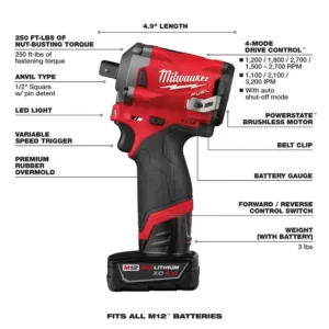 Milwaukee M12 FUEL 12-Volt Lithium-Ion Brushless Cordless Stubby 1/2 in. Impact Wrench Kit with Pin Detent, 2 Batteries and Bag